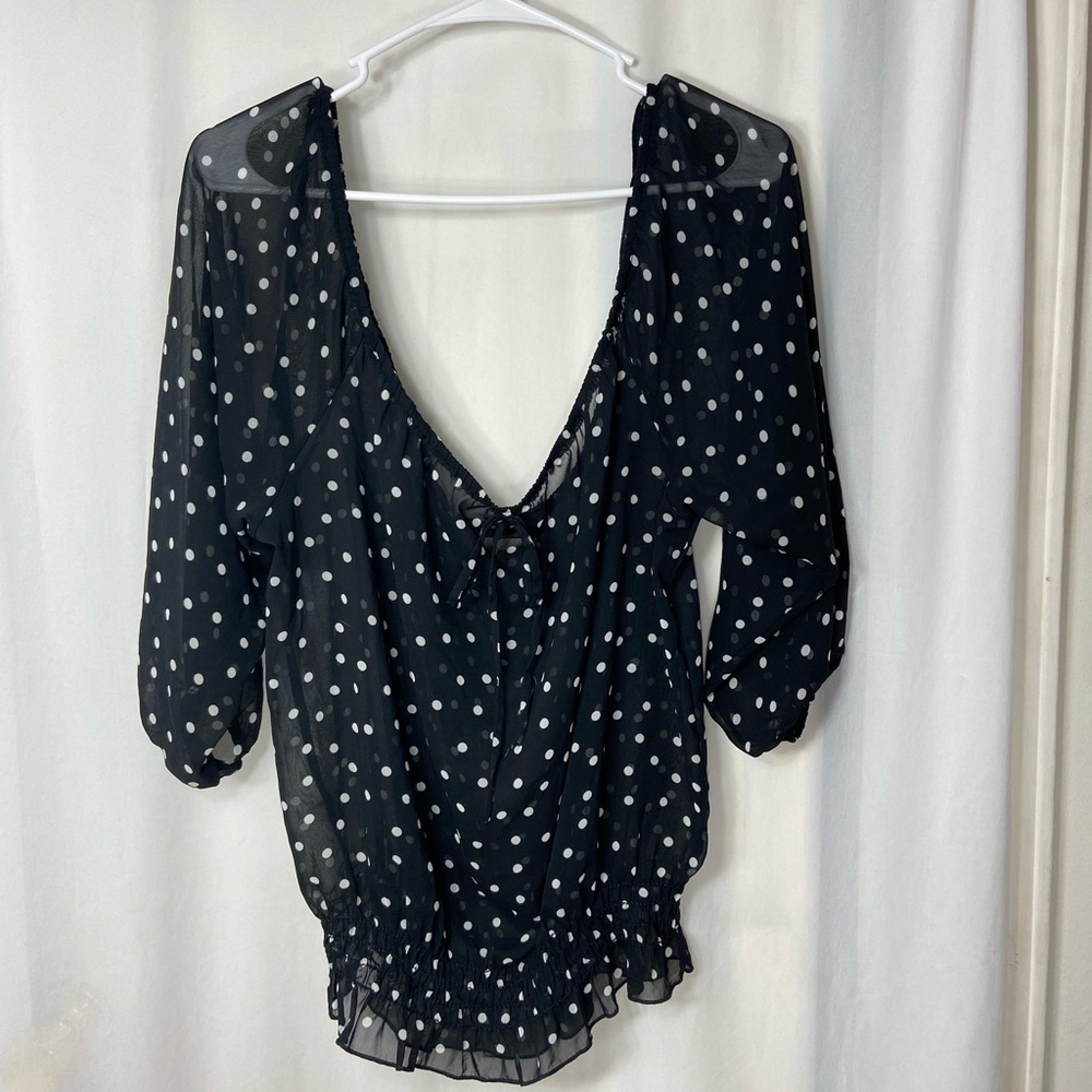 EUC Ambiance women’s black white polka dotted off shoulder 3/4 sleeve blouse XL